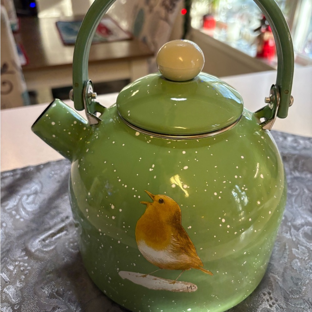 Vintage Marjulein Bastin Snow Green Speckled Enamel Tea Kettle - Picture 5 of 10